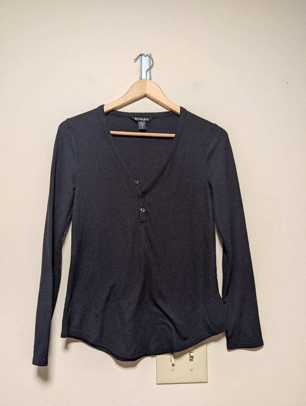 Athleta Wind Down Sleep Top Black Thermal Henley Long Sleeve Small